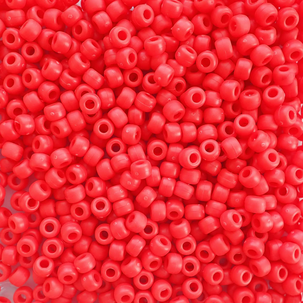 Matte Neon Red Plastic Pony Beads 6 x 9mm